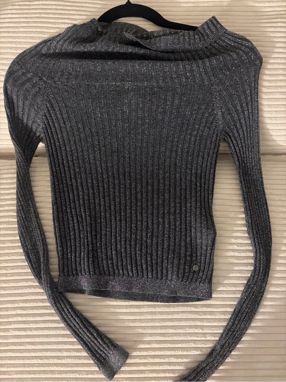 Ribbed Metallic Off-the-Shoulder Sweater in Gray